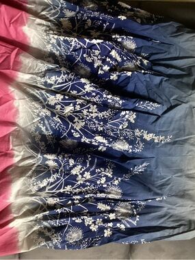 Blue & White Floral Ombre Maxi Skirt with Pink Waist